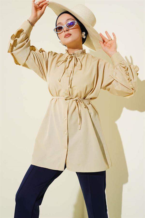 Ruffle Sleeve Rope Belted Shirt Beige