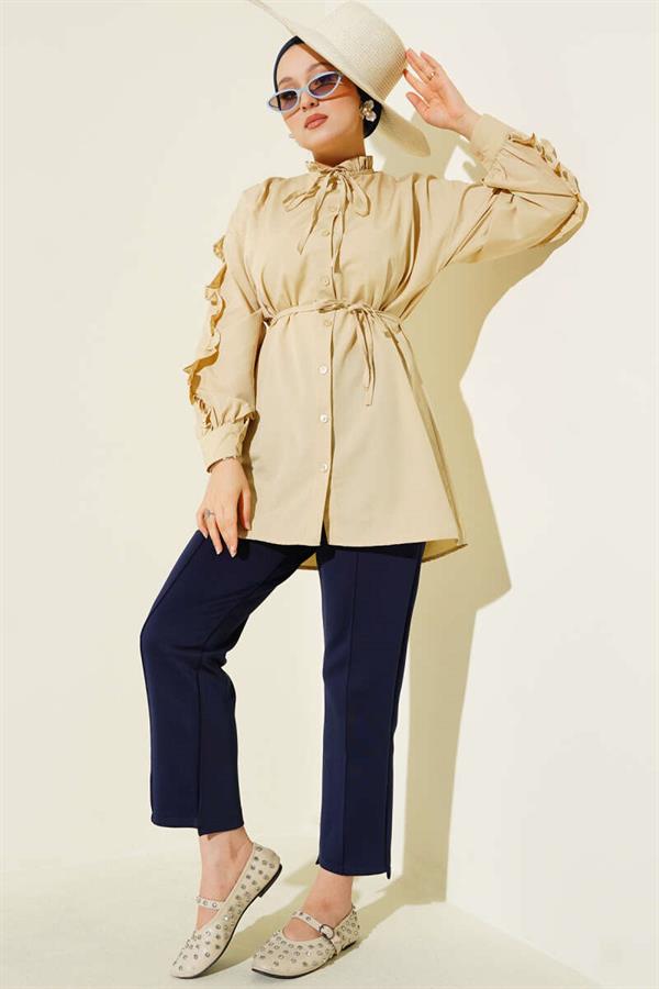 Ruffle Sleeve Rope Belted Shirt Beige