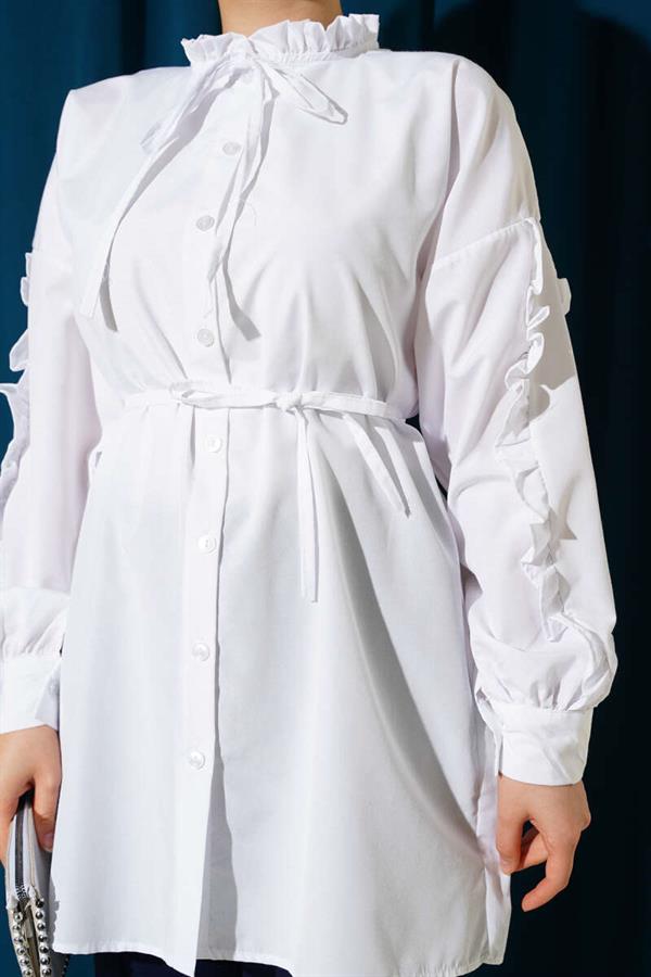 Ruffle Sleeve Rope Belted Shirt White