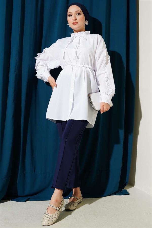 Ruffle Sleeve Rope Belted Shirt White