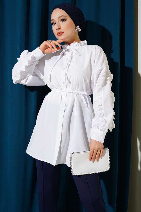 Ruffle Sleeve Rope Belted Shirt White