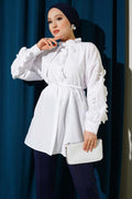 Ruffle Sleeve Rope Belted Shirt White