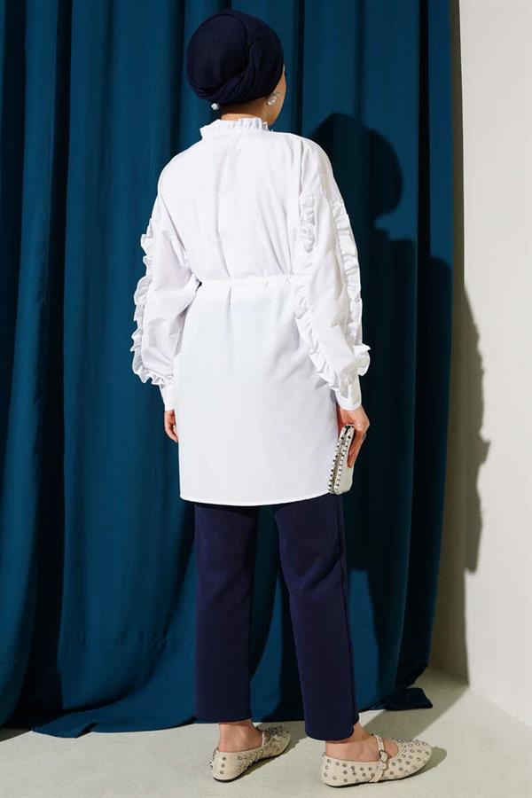 Ruffle Sleeve Rope Belted Shirt White