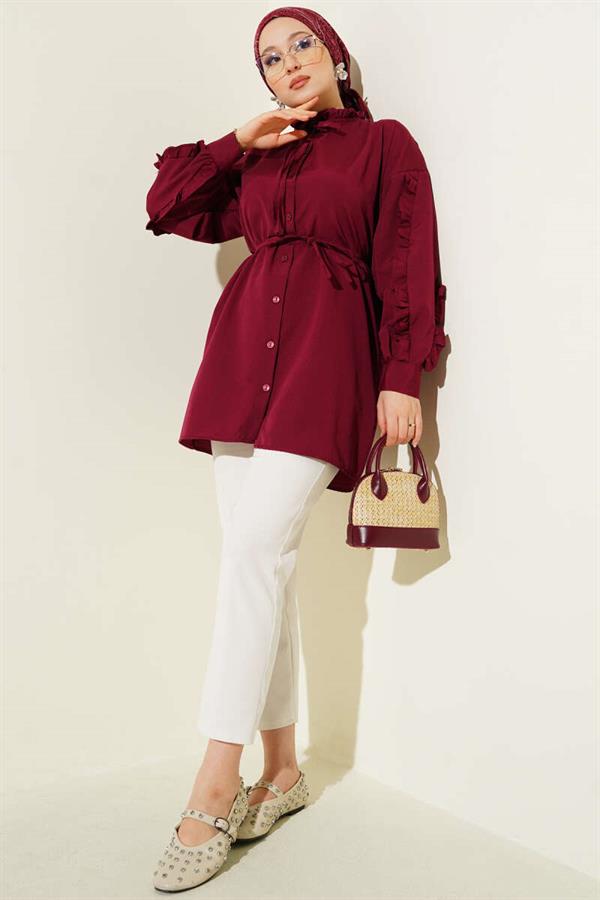 Ruffle Sleeve Rope Belted Shirt Burgundy