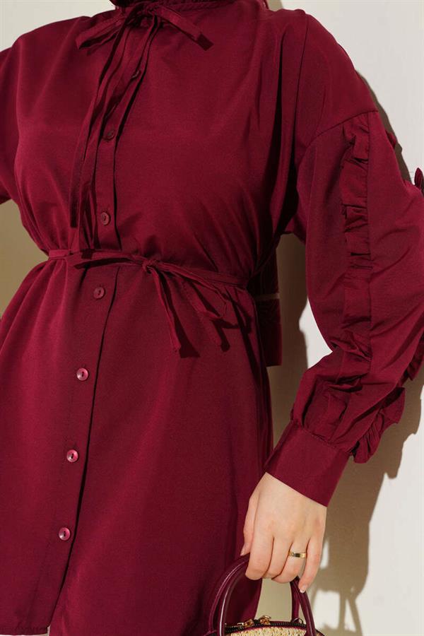 Ruffle Sleeve Rope Belted Shirt Burgundy