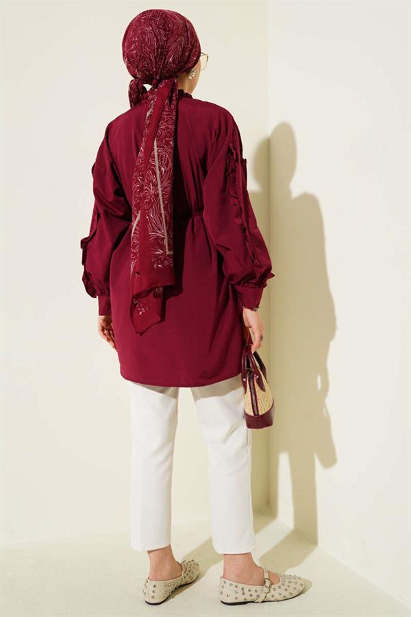 Ruffle Sleeve Rope Belted Shirt Burgundy