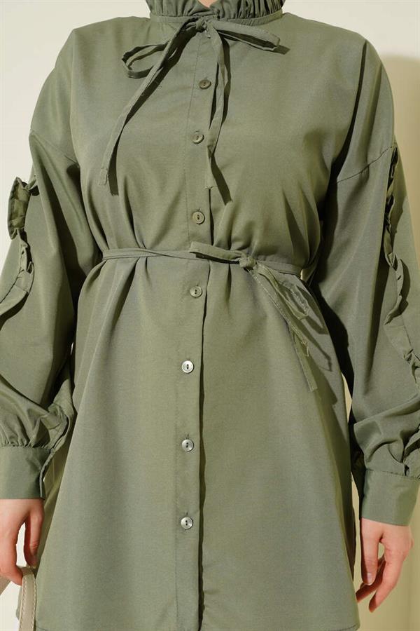 Ruffle Sleeve Rope Belted Shirt in Almond Green