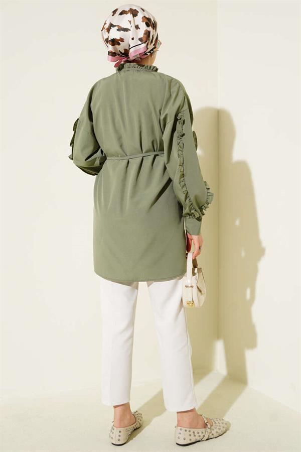 Ruffle Sleeve Rope Belted Shirt in Almond Green