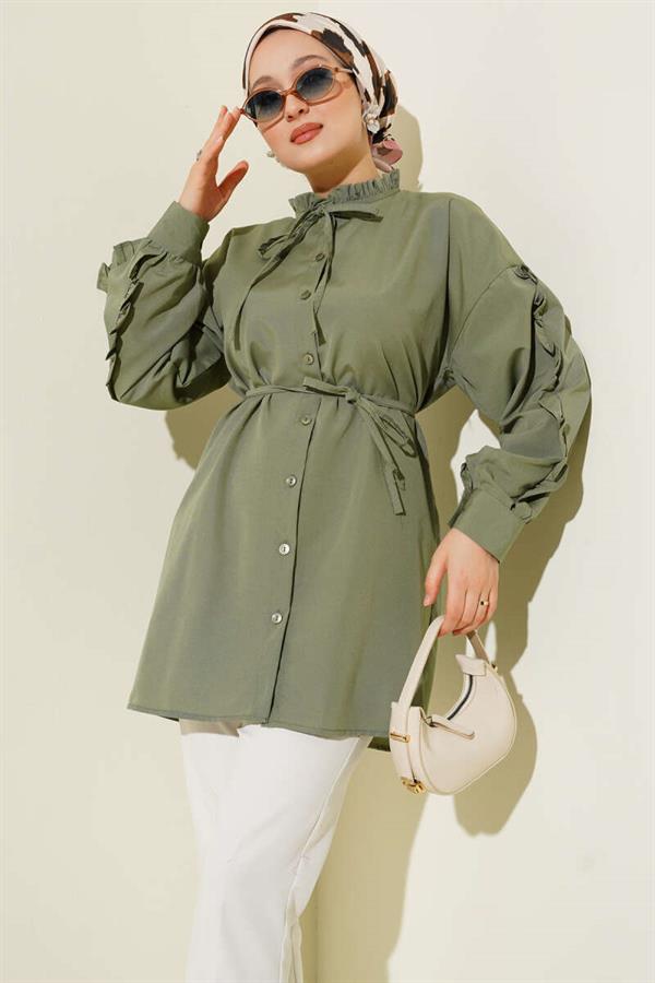 Ruffle Sleeve Rope Belted Shirt in Almond Green