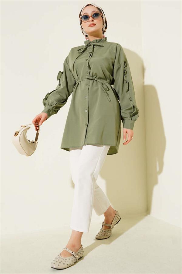 Ruffle Sleeve Rope Belted Shirt in Almond Green