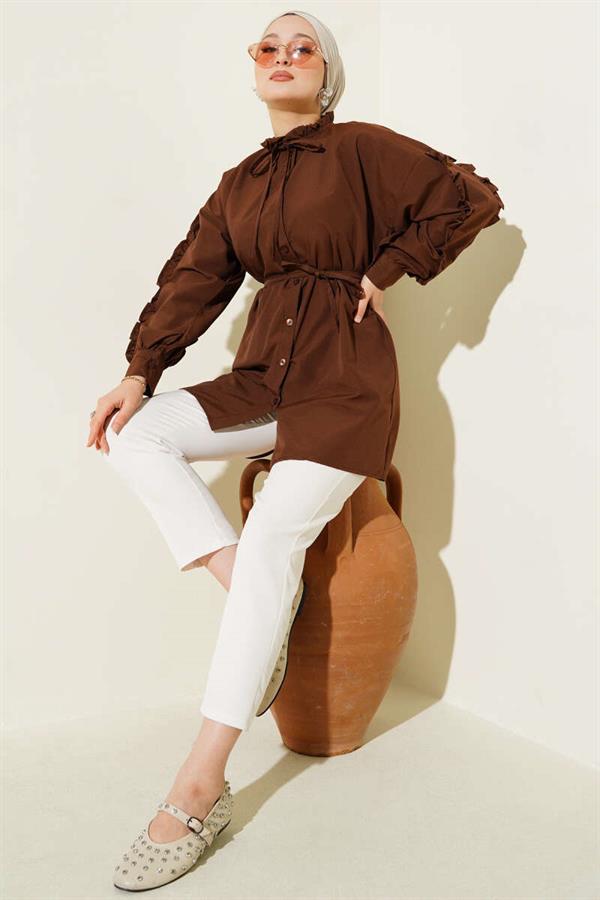 Ruffle Sleeve Rope Belted Shirt Brown