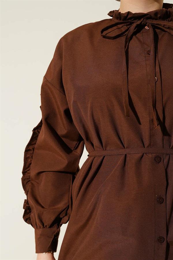 Ruffle Sleeve Rope Belted Shirt Brown