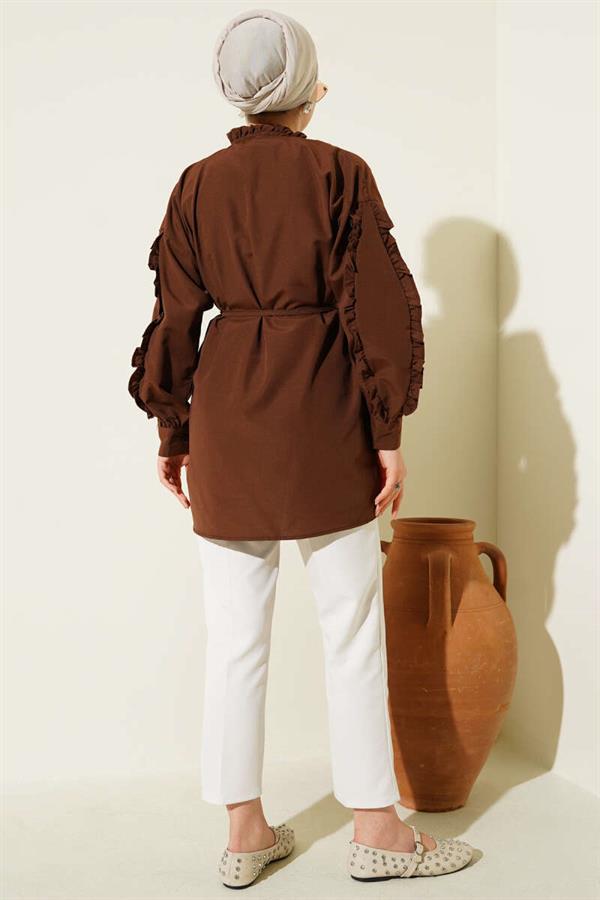 Ruffle Sleeve Rope Belted Shirt Brown