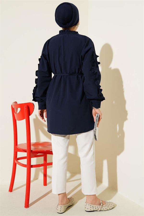 Ruffle Sleeve Rope Belted Shirt Navy Blue