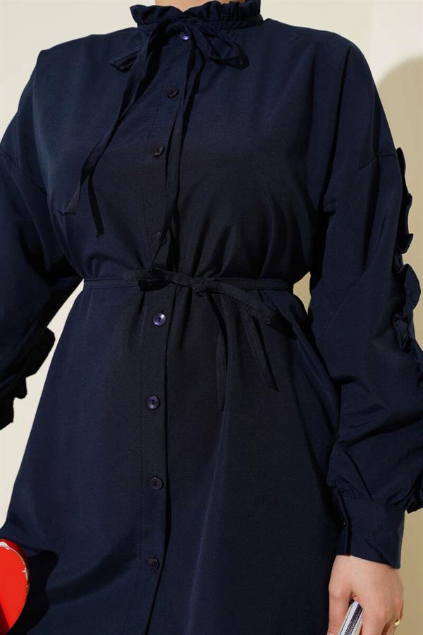 Ruffle Sleeve Rope Belted Shirt Navy Blue
