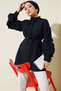 Ruffle Sleeve Rope Belted Shirt Navy Blue