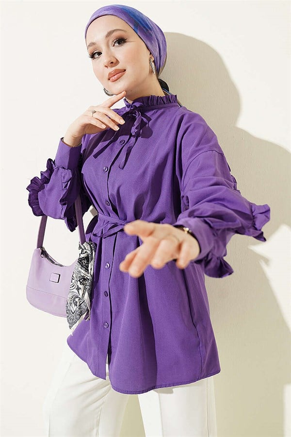 Purple Shirt with Ruffled Sleeves and Drawstring Belt