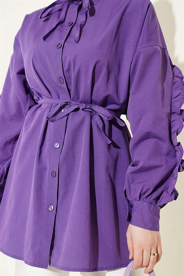 Purple Shirt with Ruffled Sleeves and Drawstring Belt
