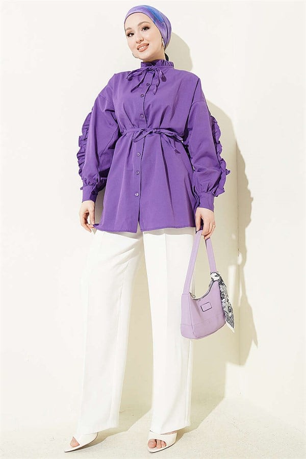 Purple Shirt with Ruffled Sleeves and Drawstring Belt
