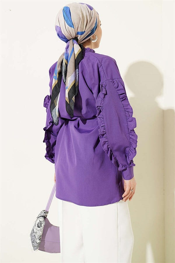 Purple Shirt with Ruffled Sleeves and Drawstring Belt