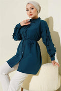 Ruffle Sleeve Rope Belted Shirt Petrol