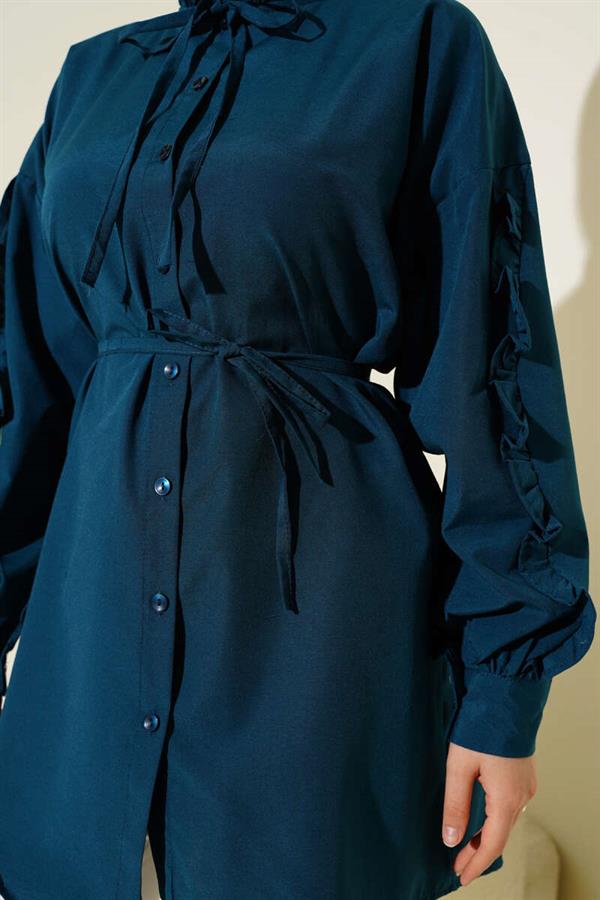 Ruffle Sleeve Rope Belted Shirt Petrol
