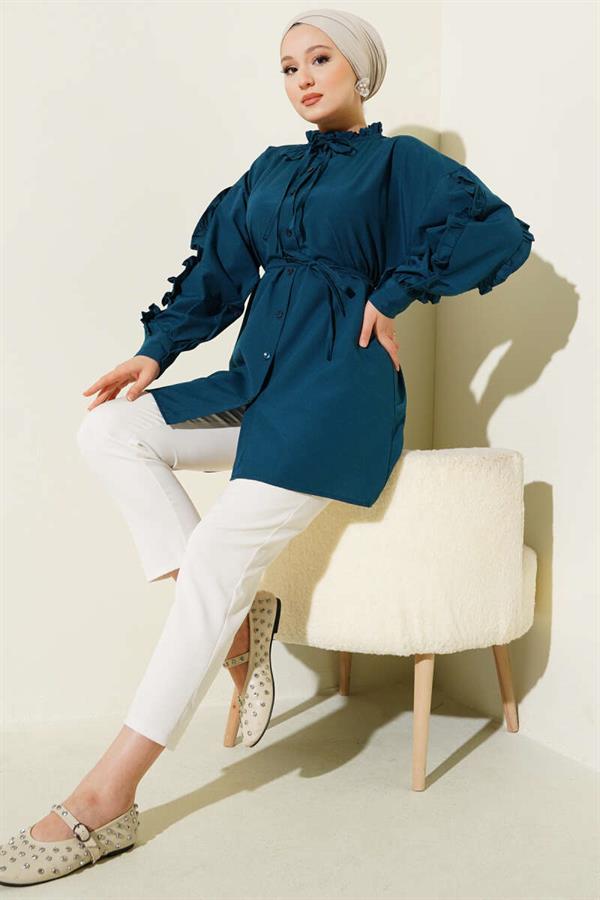 Ruffle Sleeve Rope Belted Shirt Petrol