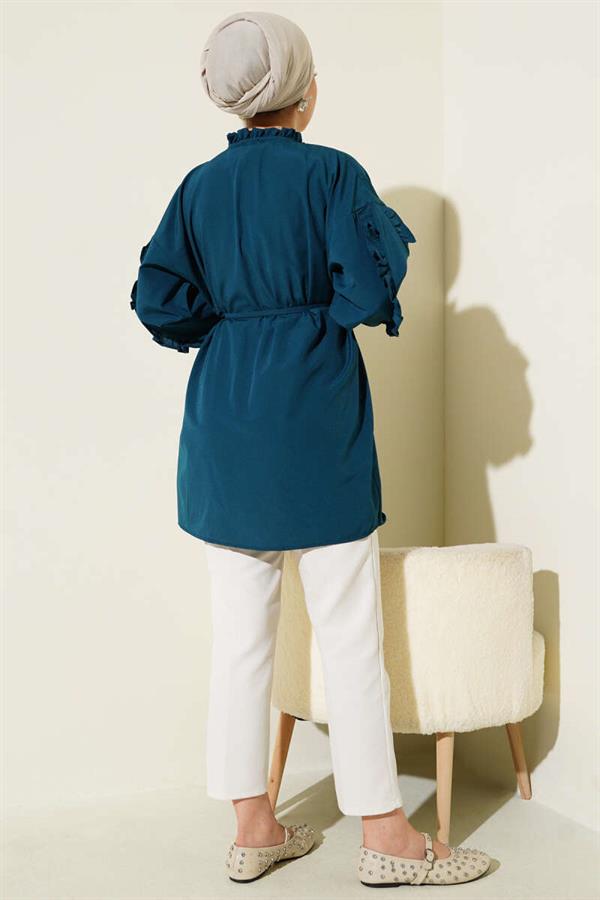 Ruffle Sleeve Rope Belted Shirt Petrol