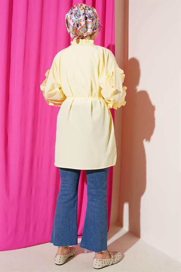 Ruffle Sleeve Rope Belted Shirt Yellow