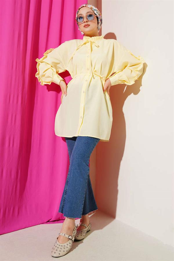 Ruffle Sleeve Rope Belted Shirt Yellow
