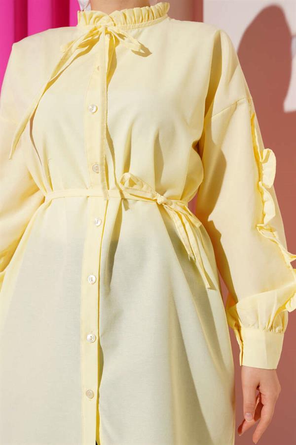 Ruffle Sleeve Rope Belted Shirt Yellow