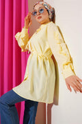 Ruffle Sleeve Rope Belted Shirt Yellow