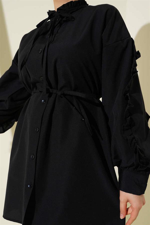 Ruffle Sleeve Rope Belted Shirt Black