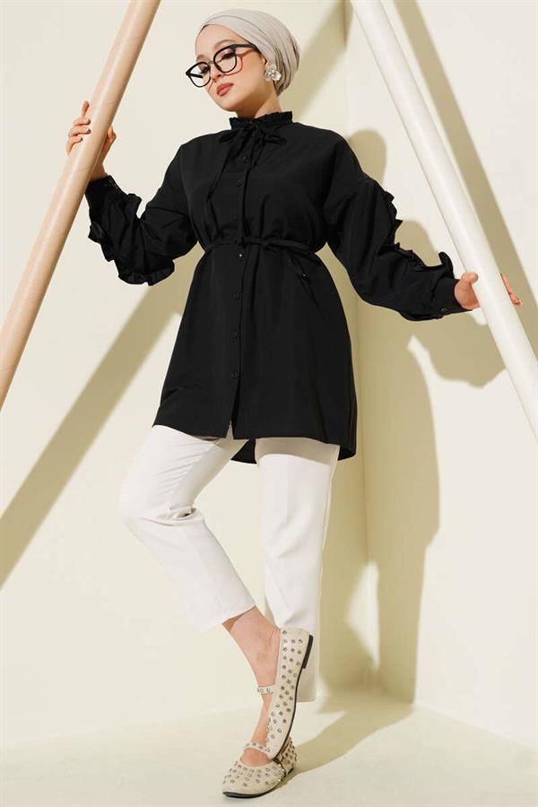Ruffle Sleeve Rope Belted Shirt Black
