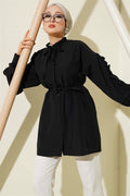 Ruffle Sleeve Rope Belted Shirt Black