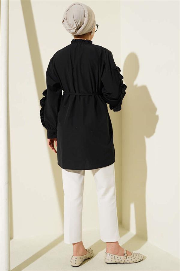 Ruffle Sleeve Rope Belted Shirt Black