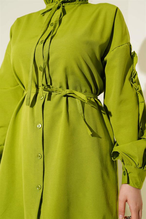 Ruffle Sleeve Rope Belted Shirt Green