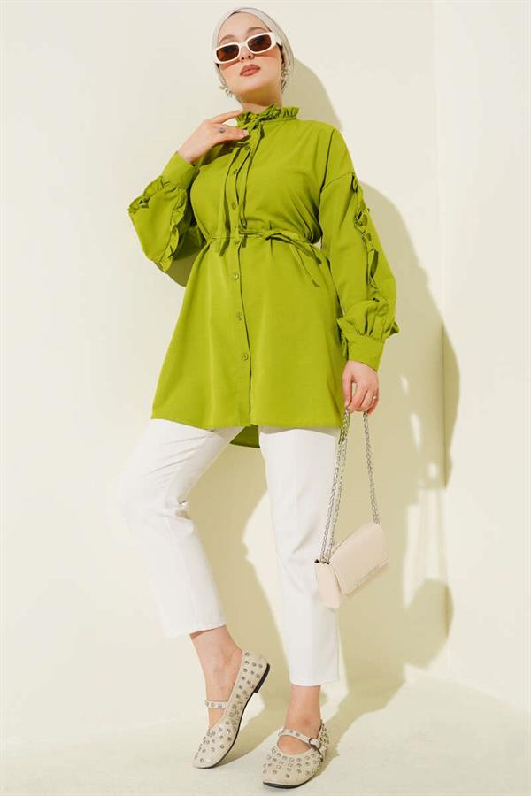 Ruffle Sleeve Rope Belted Shirt Green