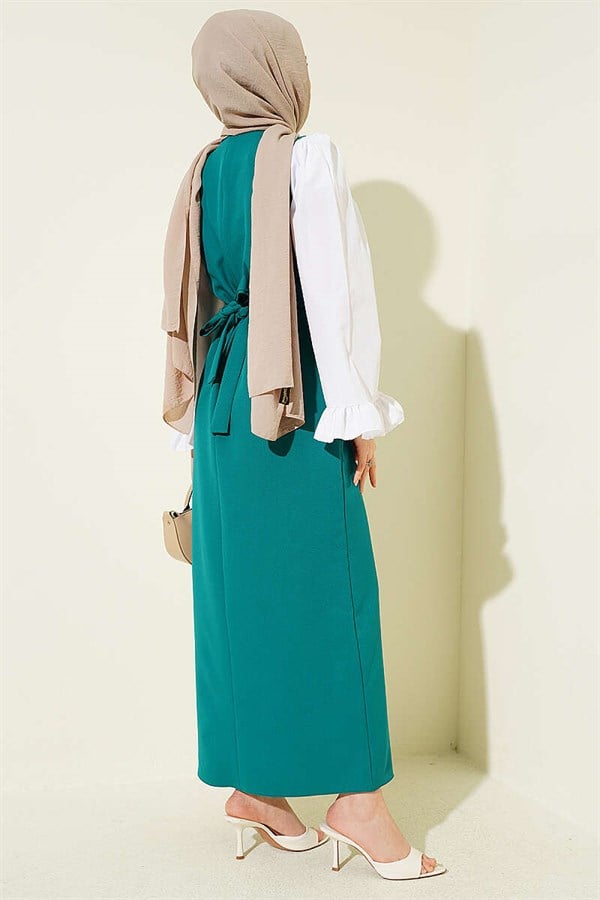 Green Dress with Sleeve Trim and Waist Tie