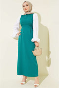 Green Dress with Sleeve Trim and Waist Tie
