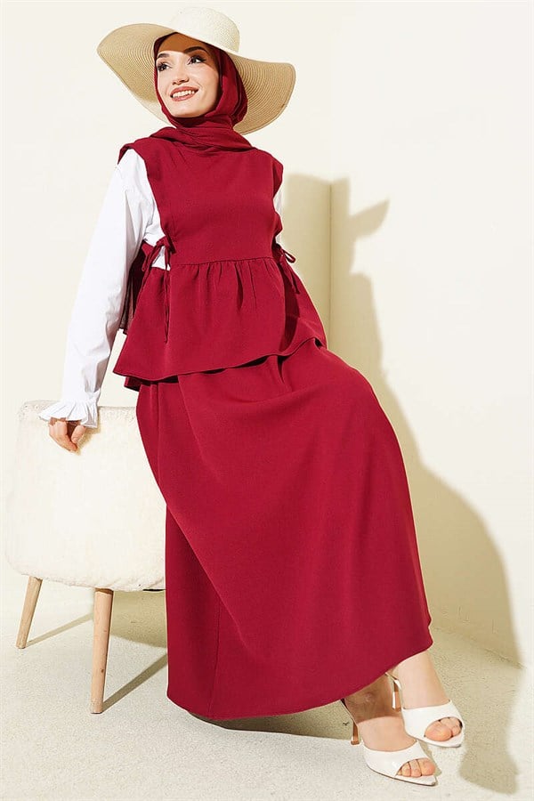 Sleeve Trimmed Side Lace-Up Skirt 2 Piece Set in Burgundy