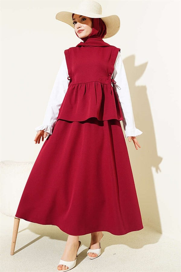 Sleeve Trimmed Side Lace-Up Skirt 2 Piece Set in Burgundy