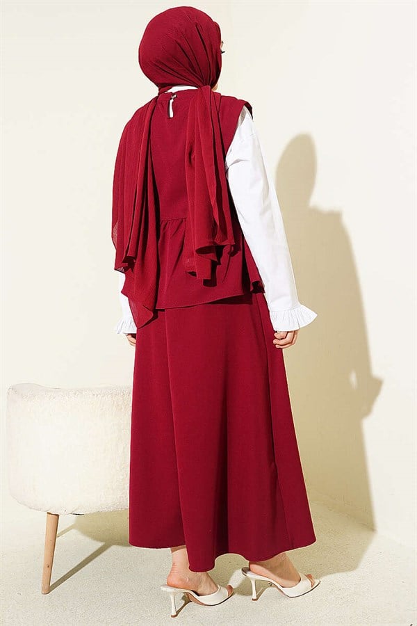 Sleeve Trimmed Side Lace-Up Skirt 2 Piece Set in Burgundy