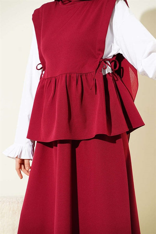 Sleeve Trimmed Side Lace-Up Skirt 2 Piece Set in Burgundy