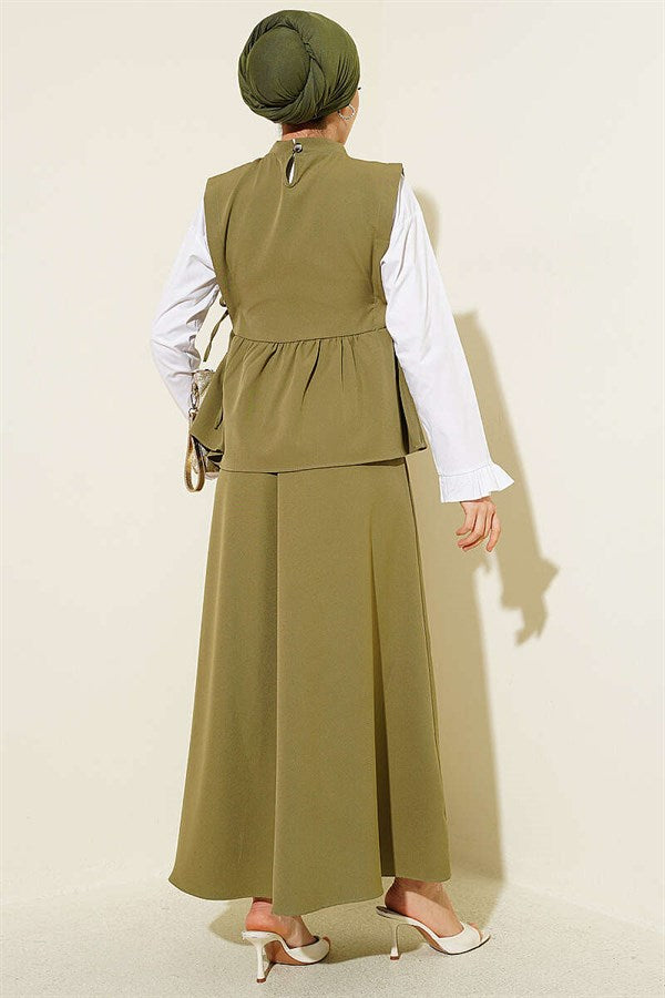 Sleeve Trimmed Side Lace-up Skirt 2 Piece Set in Light Green