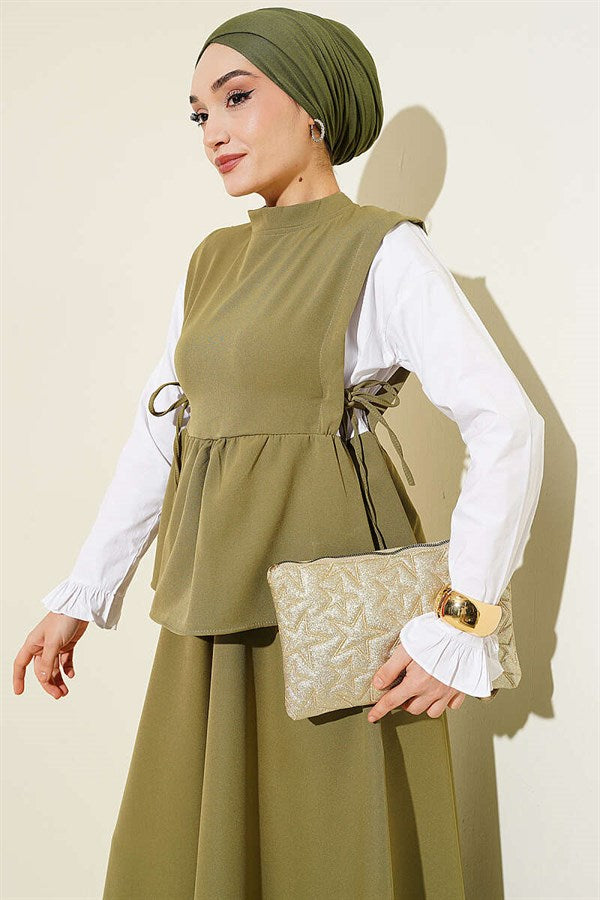 Sleeve Trimmed Side Lace-up Skirt 2 Piece Set in Light Green