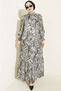 Sleeve-Embellished Patterned Chiffon Dress, Black