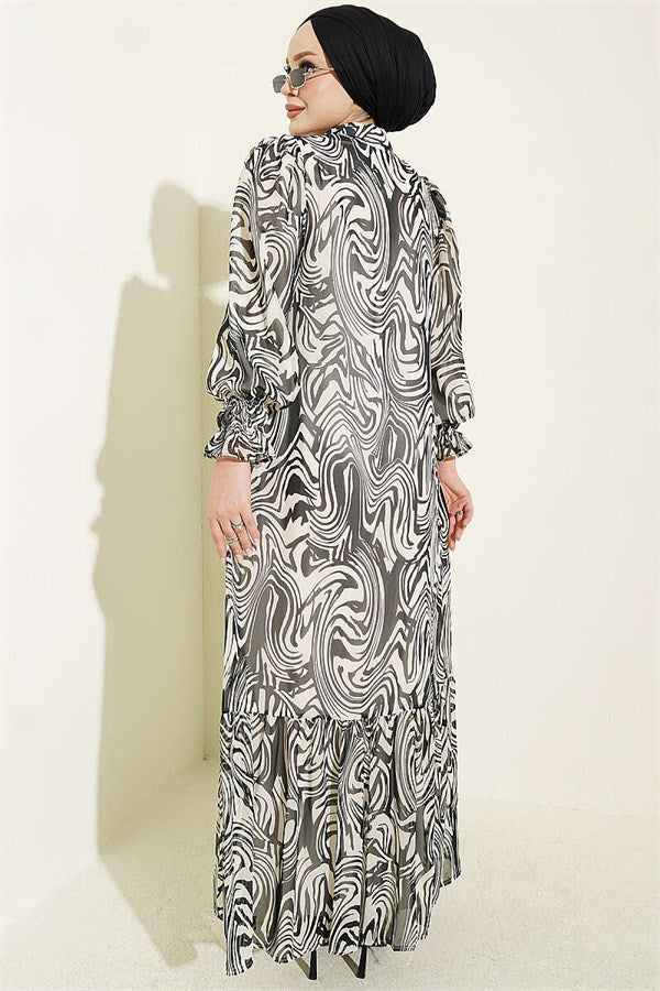 Sleeve-Embellished Patterned Chiffon Dress, Black