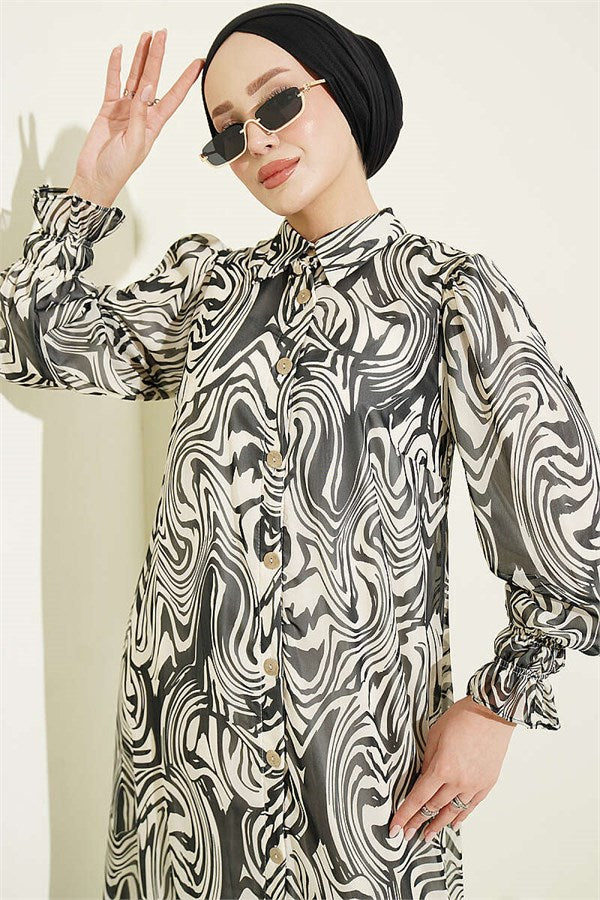 Sleeve-Embellished Patterned Chiffon Dress, Black