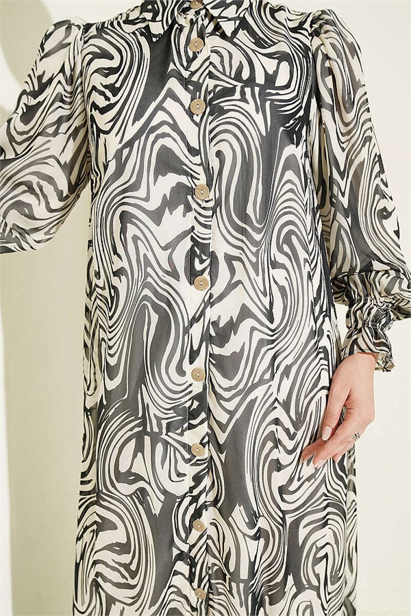 Sleeve-Embellished Patterned Chiffon Dress, Black